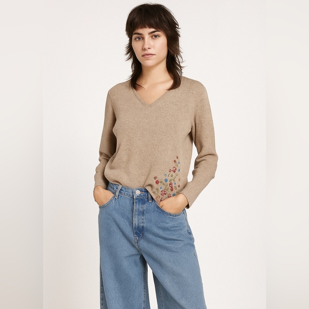 Northern Reflections brown V-Neck Sweater with Floral Embroidery medium